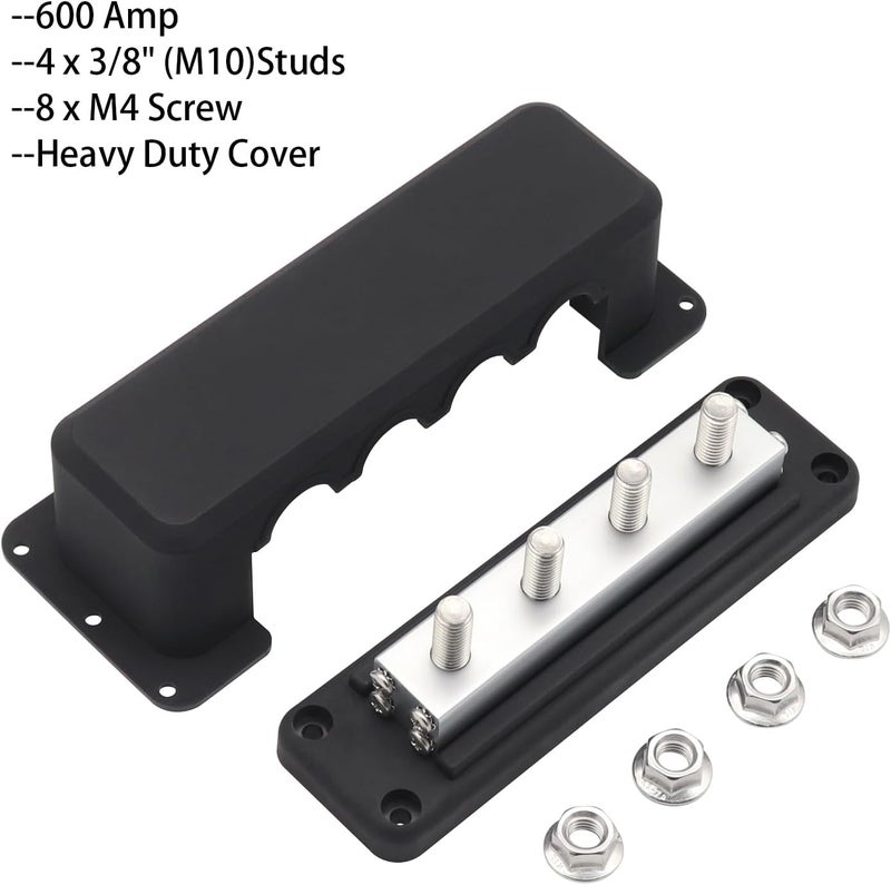 T Tocas 600A 12V-48V DC Heavy Duty 3/8" 4 Stud Bus Bar Power Distribution Block Ground for Automotive Marine Battery Terminals (Black) - Image 2